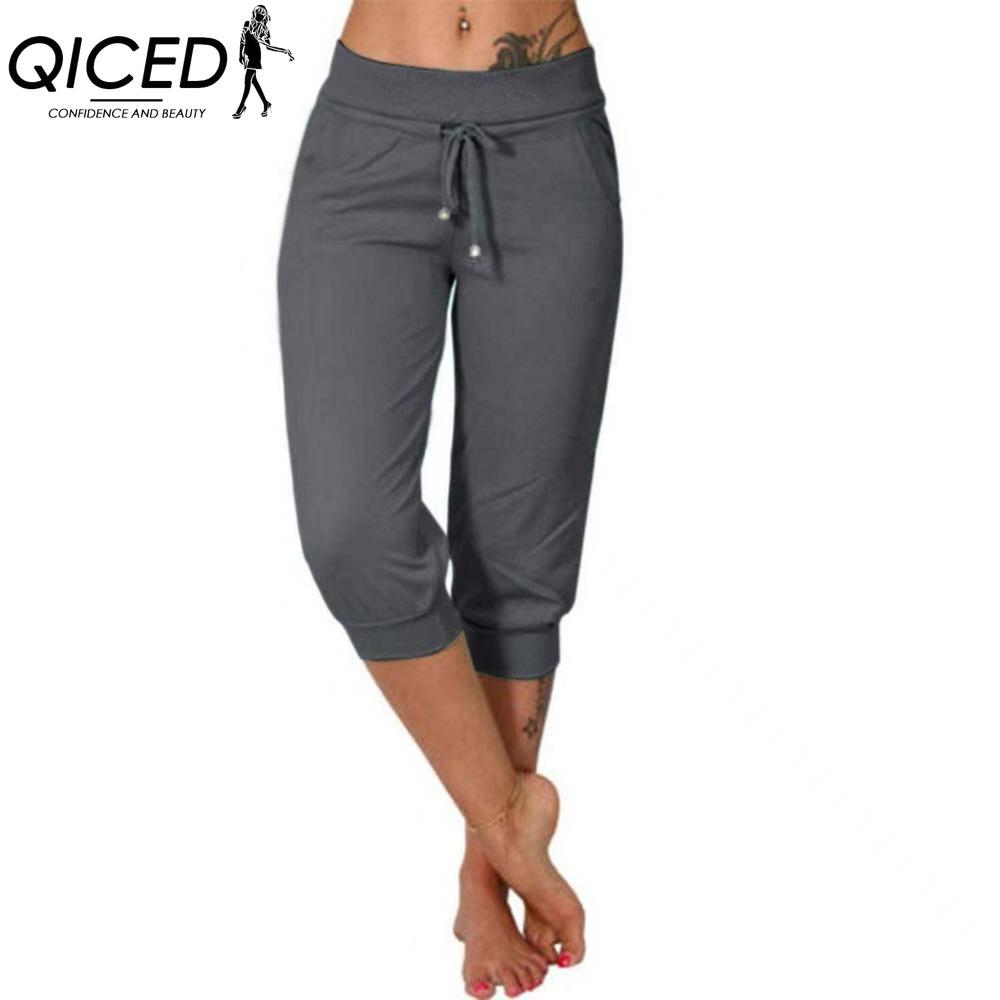 QICED 10barevné dámské módní ležérní jednobarevné kalhoty a capri s potiskem