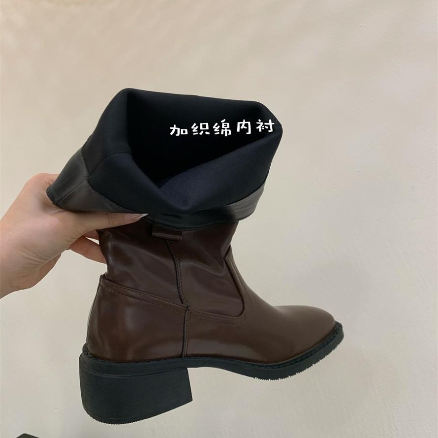 2025 autumn and winter new cow belt buckle V-mouth thick-soled knight boots velvet but knee-high boots women