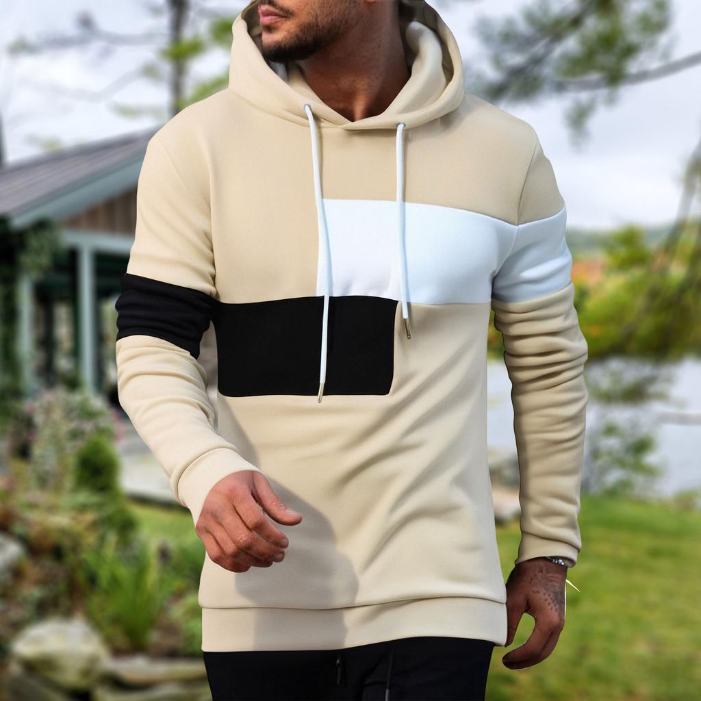Men's Fashion Colorblock Sweatshirt Men's Drawstring Ribbed Closure Hoodie