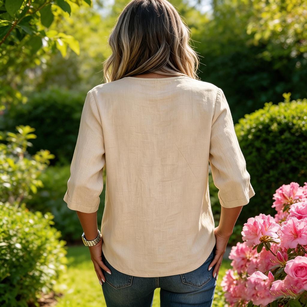 Women Loose Fit V Neck Top Mid Sleeve Relaxed Style Lightweight Jersey Cotton Casual Shirt for Everyday Wear