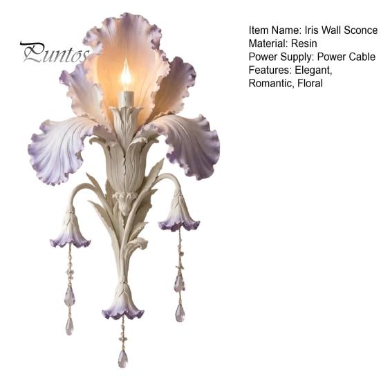 Bedroom Wall Lighting Iris Bloom Sconce, Vintage Floral Light with Faux Crystal Luxury Interior Drops, Romantic Purple Ambient Lamp for Living
