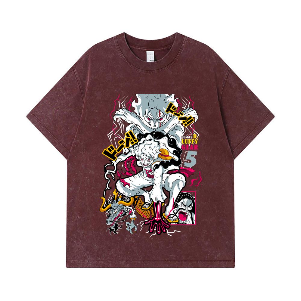 275 GSM Washed T-shirts 100% Cotton One Piece V23 Luffy Gear Print Unisex Heavy Cotton T Shirt