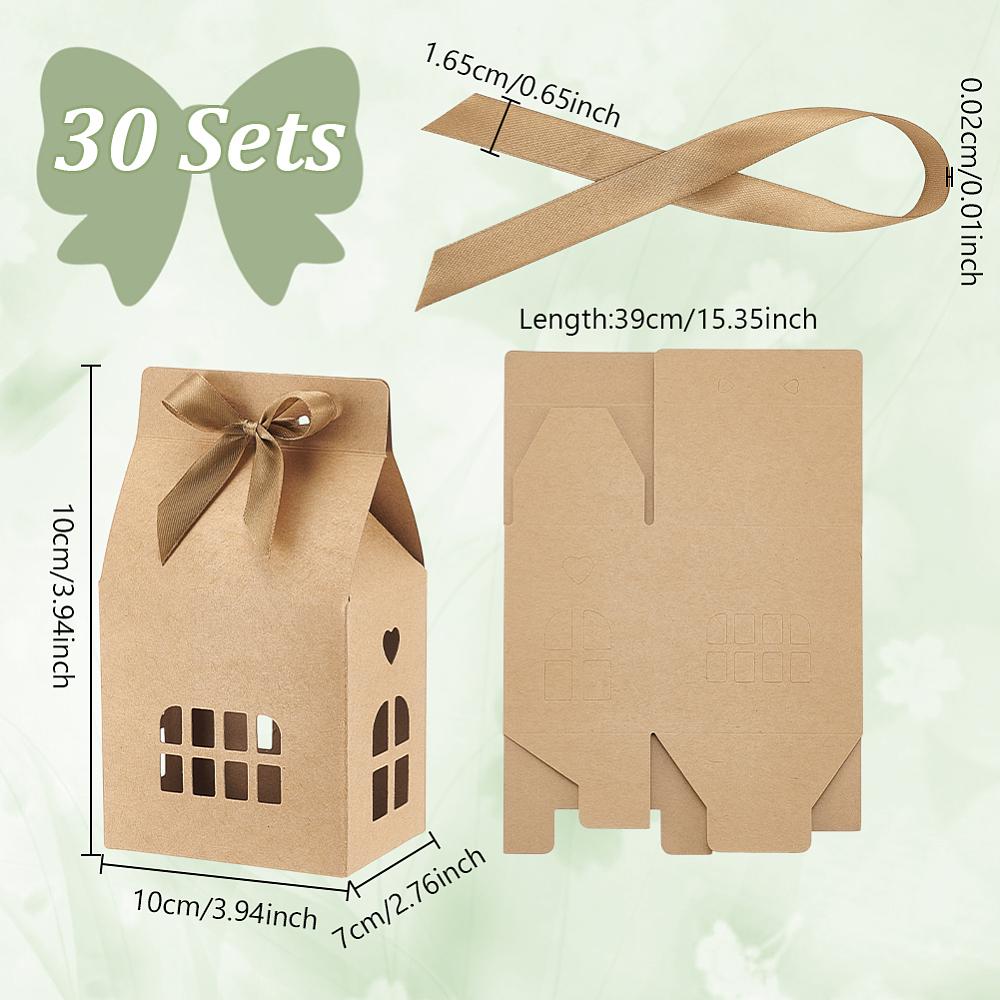 30 Adet Ev Şeklinde Kağıt Hediye Kutusu Hediye Saklama Kutusu Görünür Pencere ve Polyester Kurdeleli Kahverengi Bitmiş Ürün: 10x7x10cm
