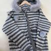 Available Now: Women's Mid-Length Striped Knit Cardigan with Hood and Large Fur Collar - Thickened for Autumn/Winter