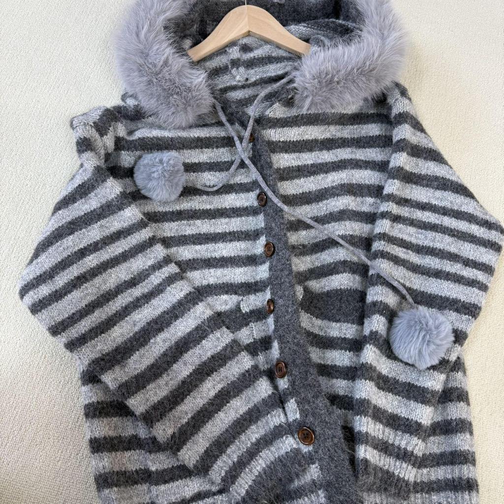 Available Now: Women's Mid-Length Striped Knit Cardigan with Hood and Large Fur Collar - Thickened for Autumn/Winter