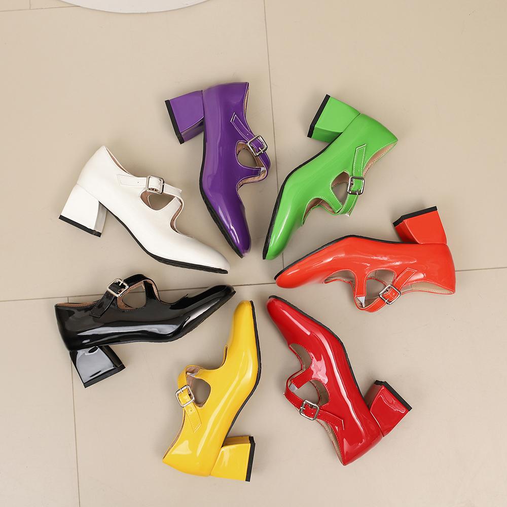 White Women Pumps Square Toe Non-slip Buckle Strap High Block Heel Plus size 45 48