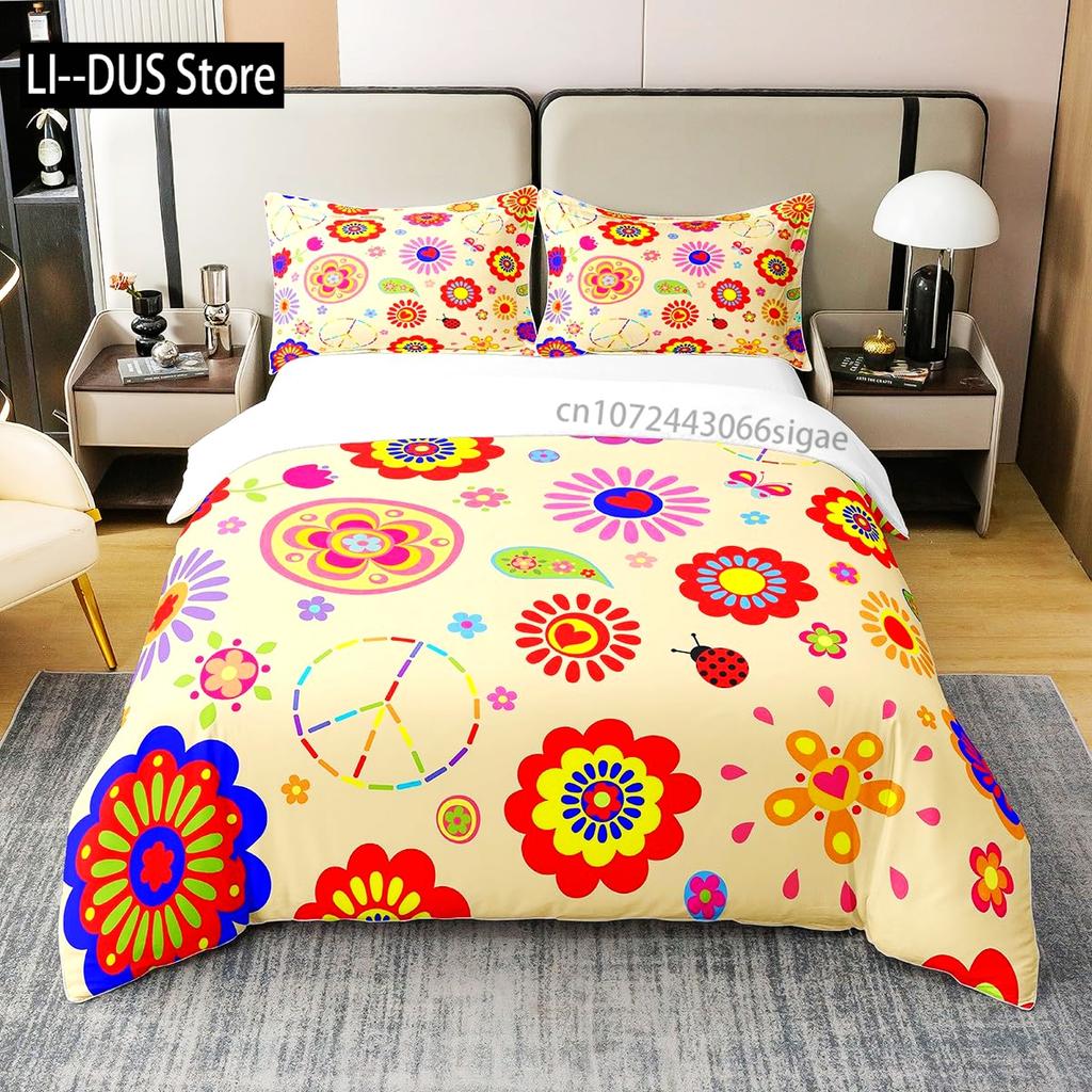 Floral Bedding Set Full Size Colorful Flowers Comforter Cover for Girls Child Duvet Cover Bedroom Decor with 2 Pillow Cases