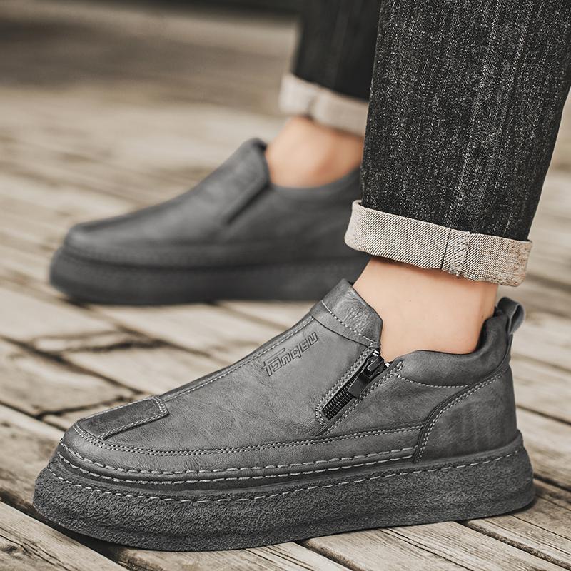 Fashion Men's Waterproof Leather Boots Spring Autumn Casual Non-slip Thick Sole Chef Work Round Toe Side Zip Comfort Walking Shoes