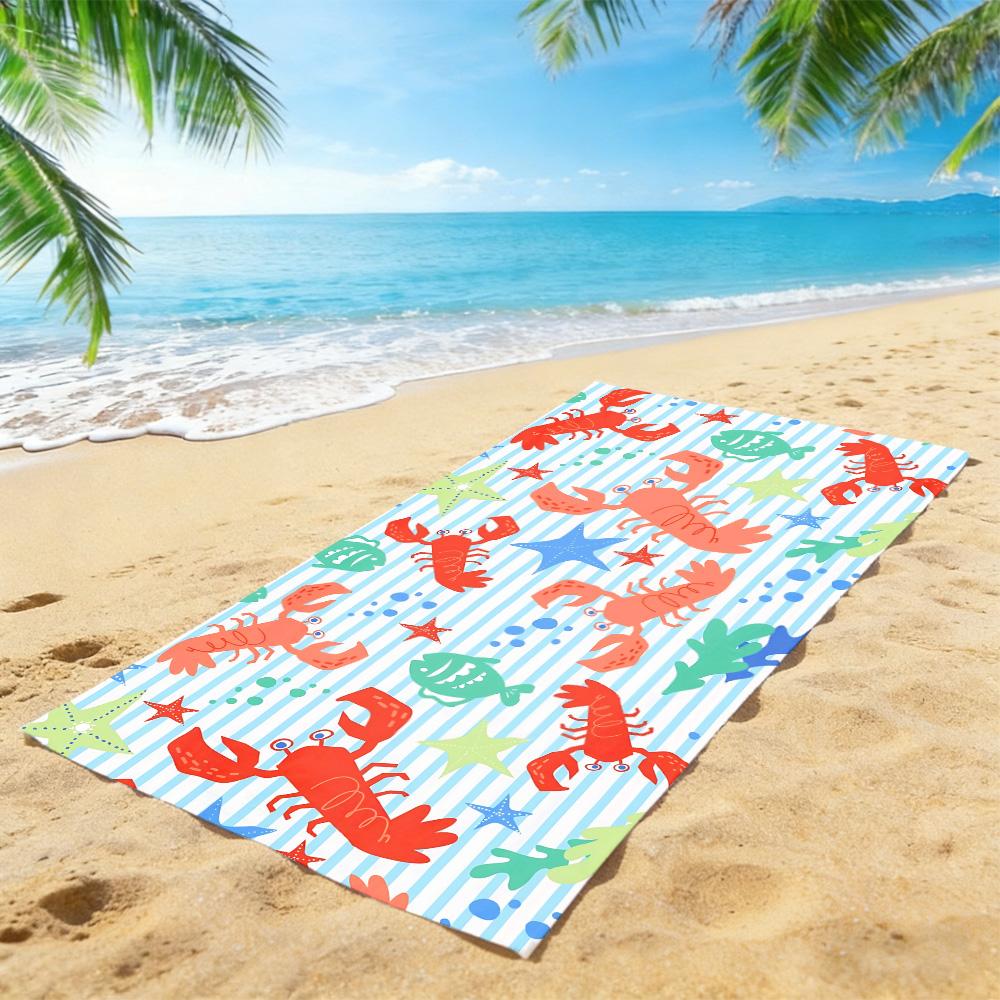 Playful Lobster & Starfish Beach Towel – Oversized Quick Dry Sand Free with Blue Stripe Print
