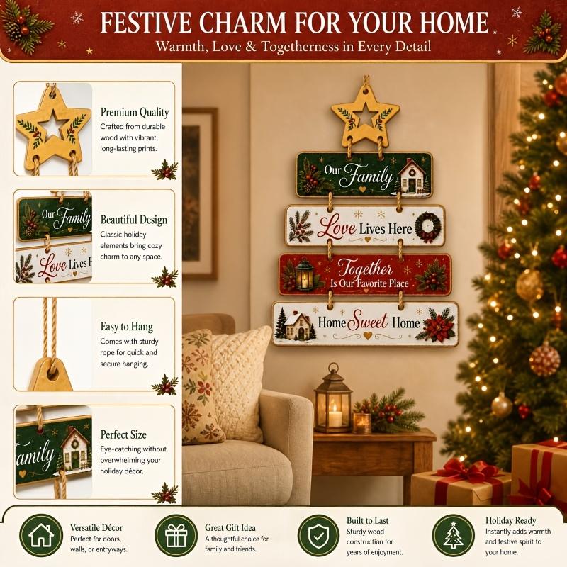 Christmas Wooden Hanging Sign Ornament, Tree-Shaped Layered Plaque with Star Top, Our Family Love Lives Here Home Sweet Home Rustic Wall Pendant