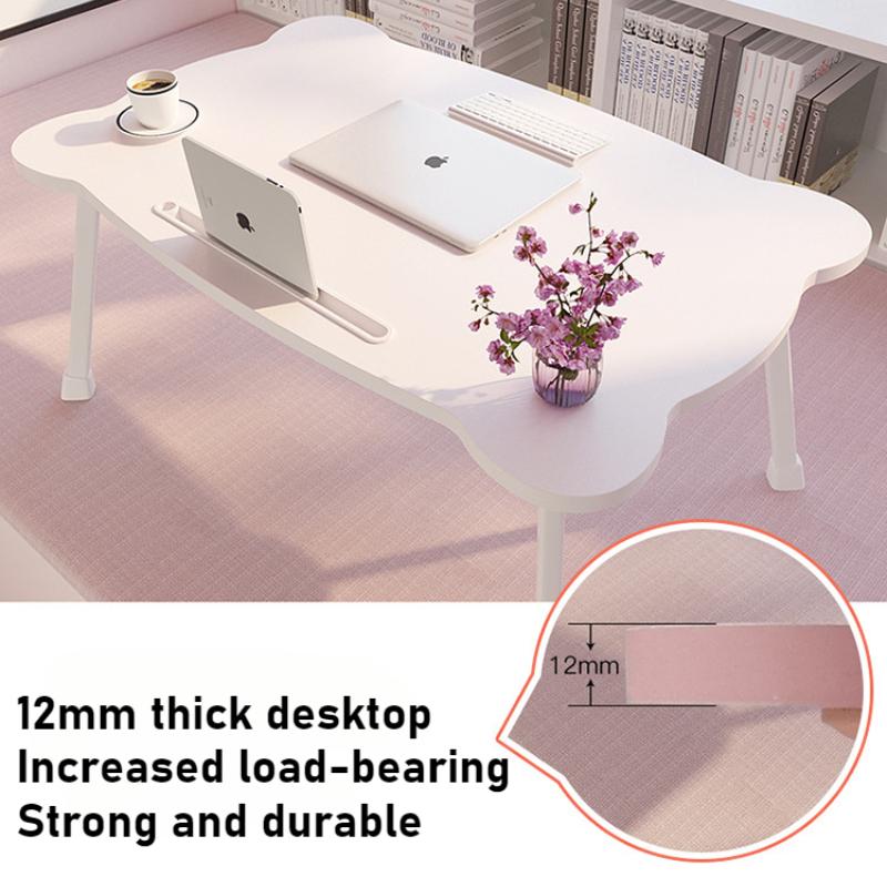 Small Foldable Laptop Desk with Cup Holder Card Slot Cute Bear Bed Desk Anti-slip Waterproof Tatami Table for Dormitory Student