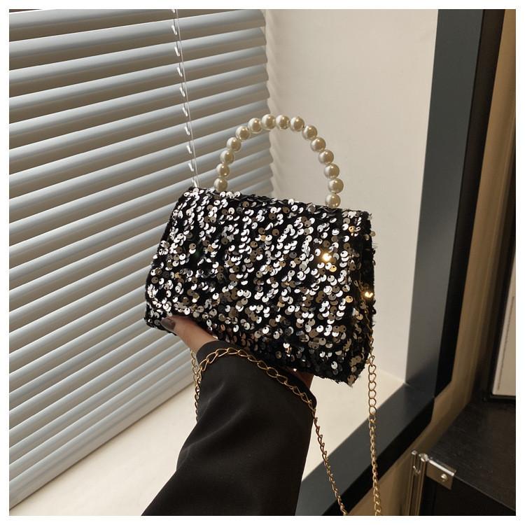 Stylish Sequined Handheld Small Square Bag 2024 Trendy Chain Shoulder Bag For Casual Use