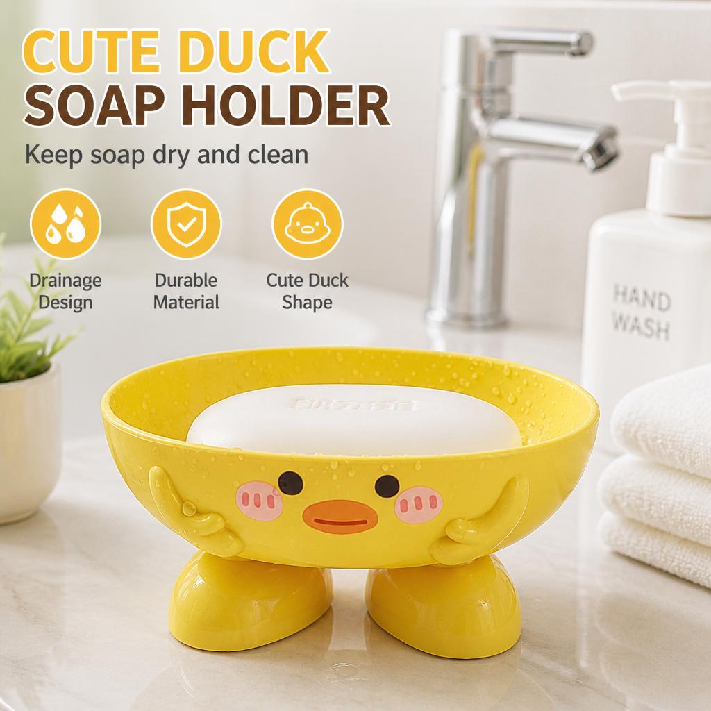 Cute Yellow Duck-Shaped Plastic Soap Dish with Drainage Holes for Bathroom