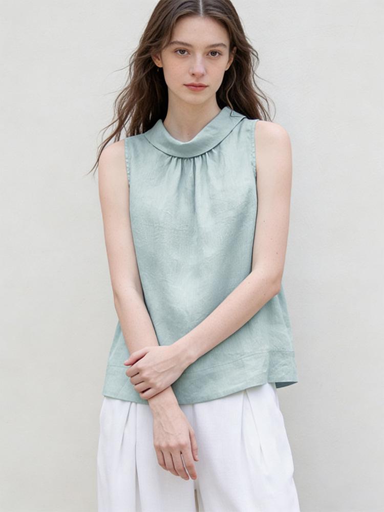 Women's Versatile Pure Linen Stand-Collar Vest, Spring/Summer A-Line Silhouette Sleeveless Top