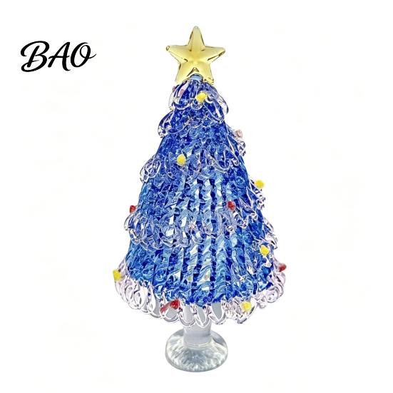 Christmas Atmosphere Decor Hand Blown Glass Tree Figurine with Golen Star, Ornament Mini Xmas Ornament, Handmade Desktop Holiday Decoration Tabletop
