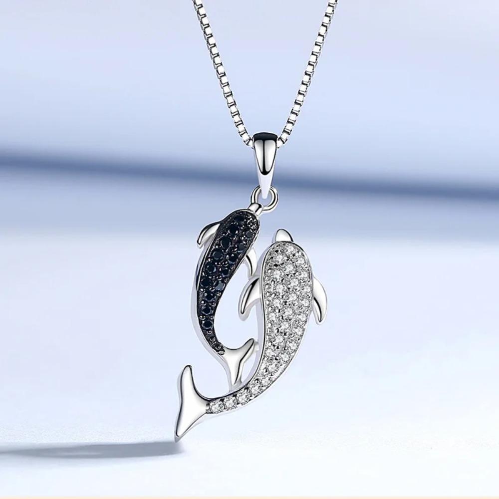 Real 925 Silver Jewelry Crystal Dolphin Box Chain Pendants&Necklaces for Women Solid -silver Choker Necklace