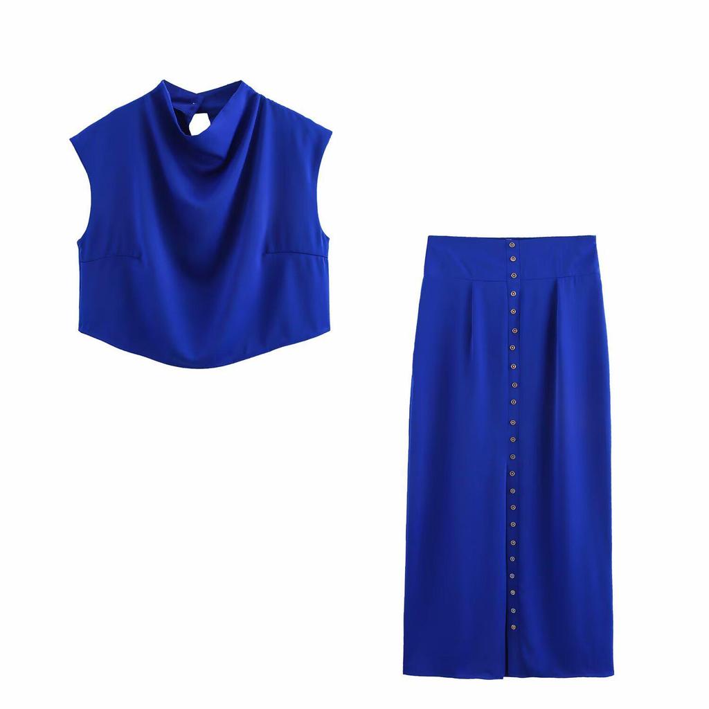 Spring 2025 Women's European & American Cowl Neck Sleeveless Top & Button Midi Skirt Casual Set