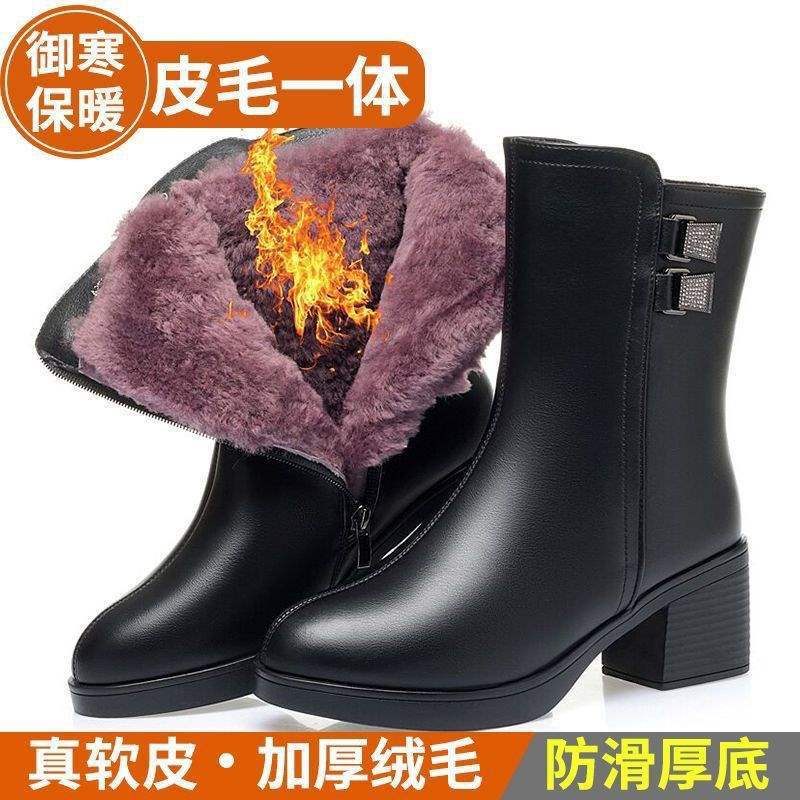 Winter warm wool women's boots real soft leather short boots piled thickened cotton boots medium boots mother cotton shoes thick heel