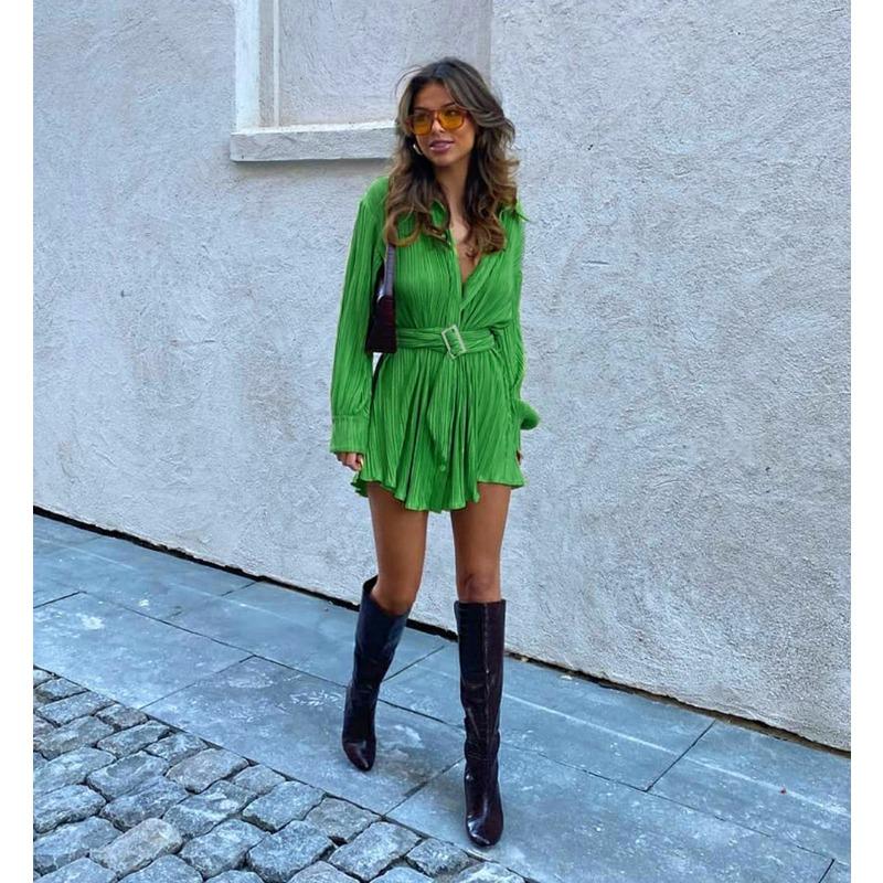 Spring and Autumn Women's Shirt Dress Fashion Elastic Waist Pleated Long Sleeve Tie Dress