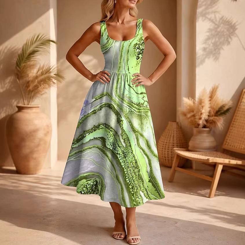 Women's Sleeveless U Neck Abstract Marble Print A-Line Maxi Dress for Casual Vacation