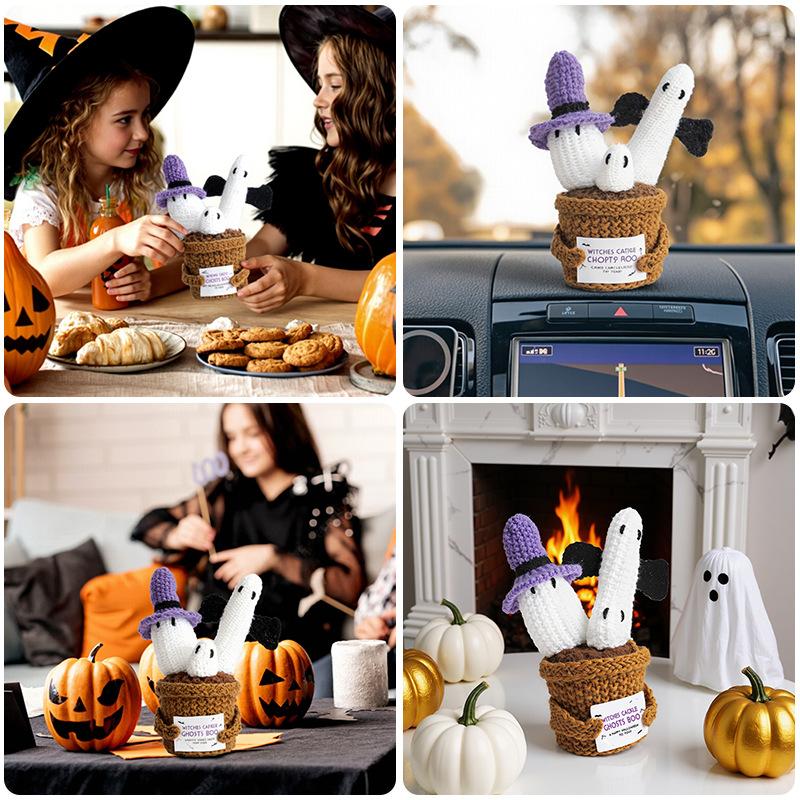 New Crochet Ghost Plant Doll Desk Ornament Halloween Home Decoration Handmade Knitted Positive Energy Pumpkin Doll Party Gifts
