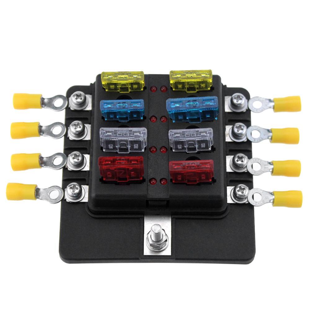 8 Way Blade Fuse Box Holder Fuse Blocks with LED Indicator 10Pcs Fuses 10Pcs Connector Terminals for