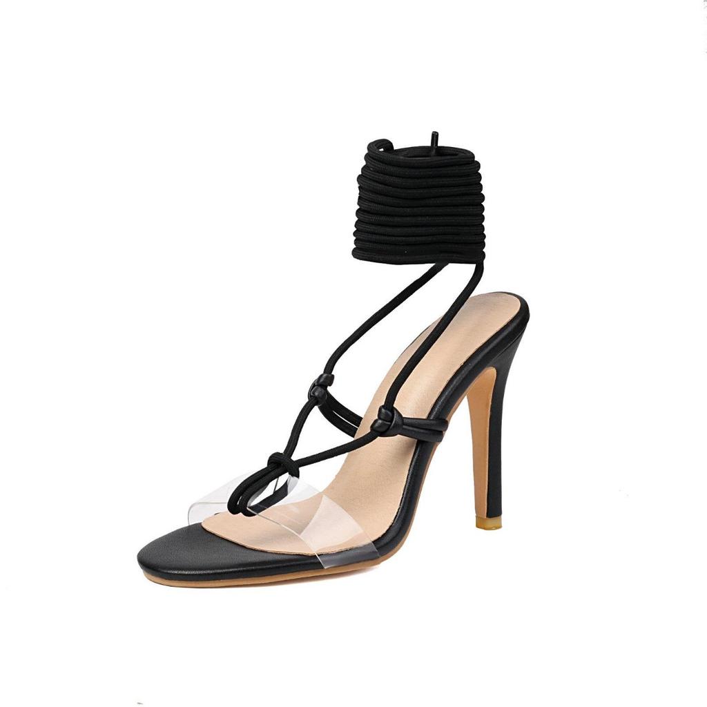 Women Heeled Black White Sandals Dressy Wrap Bandage Summer 2025 Shoes PVC Simple Footwear