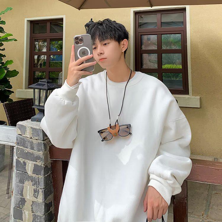 2024 Men’s Hong Kong-Style Solid Color Sweatshirt – Spring/Autumn, Loose Fit, Large Size, Round Neck, Trendy Korean Couple's Top