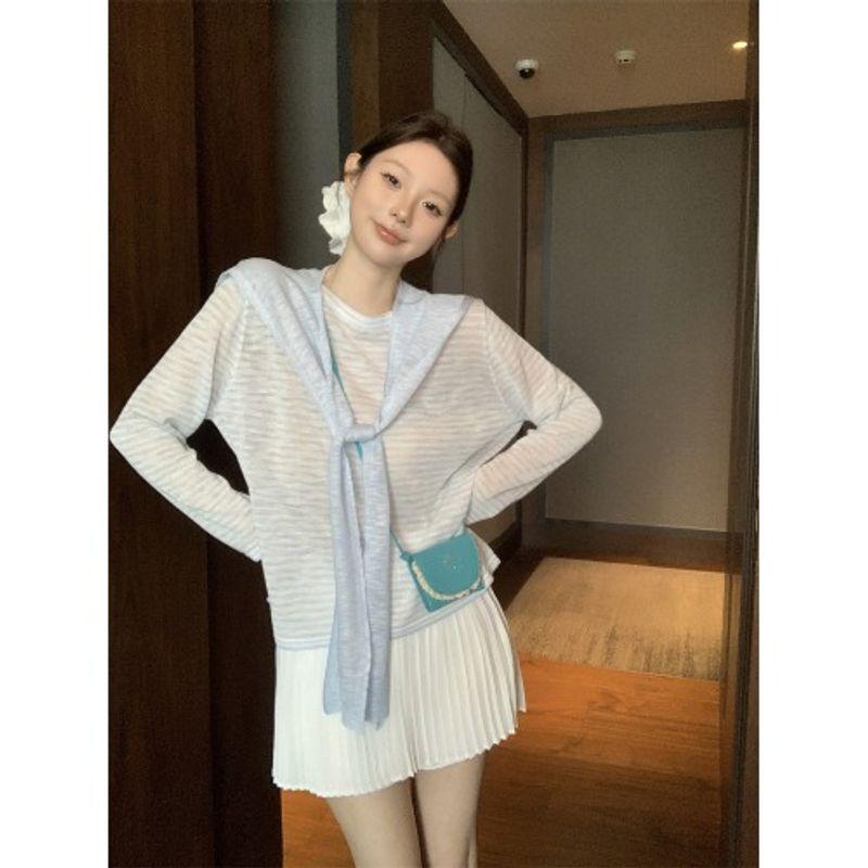 Kumikumi Idle Style Stripes Shawl Thin Long Sleeves T-shirt Female Autumn New All-Matching Slimming Sun Protection Top