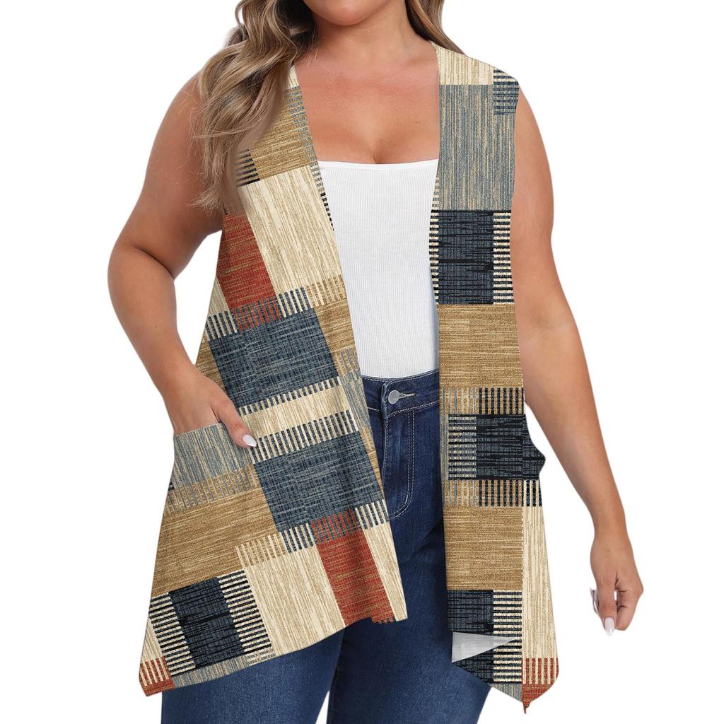 Women's Oversized Loose Casual Printed Sleeveless Vest With Pocket Cardigan Jacket Cardigan Jacket