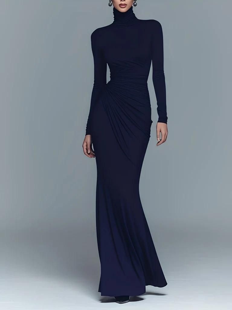 European and American women's clothing long-sleeved pleated waist slim-fitting dress, temperament evening dress long dress