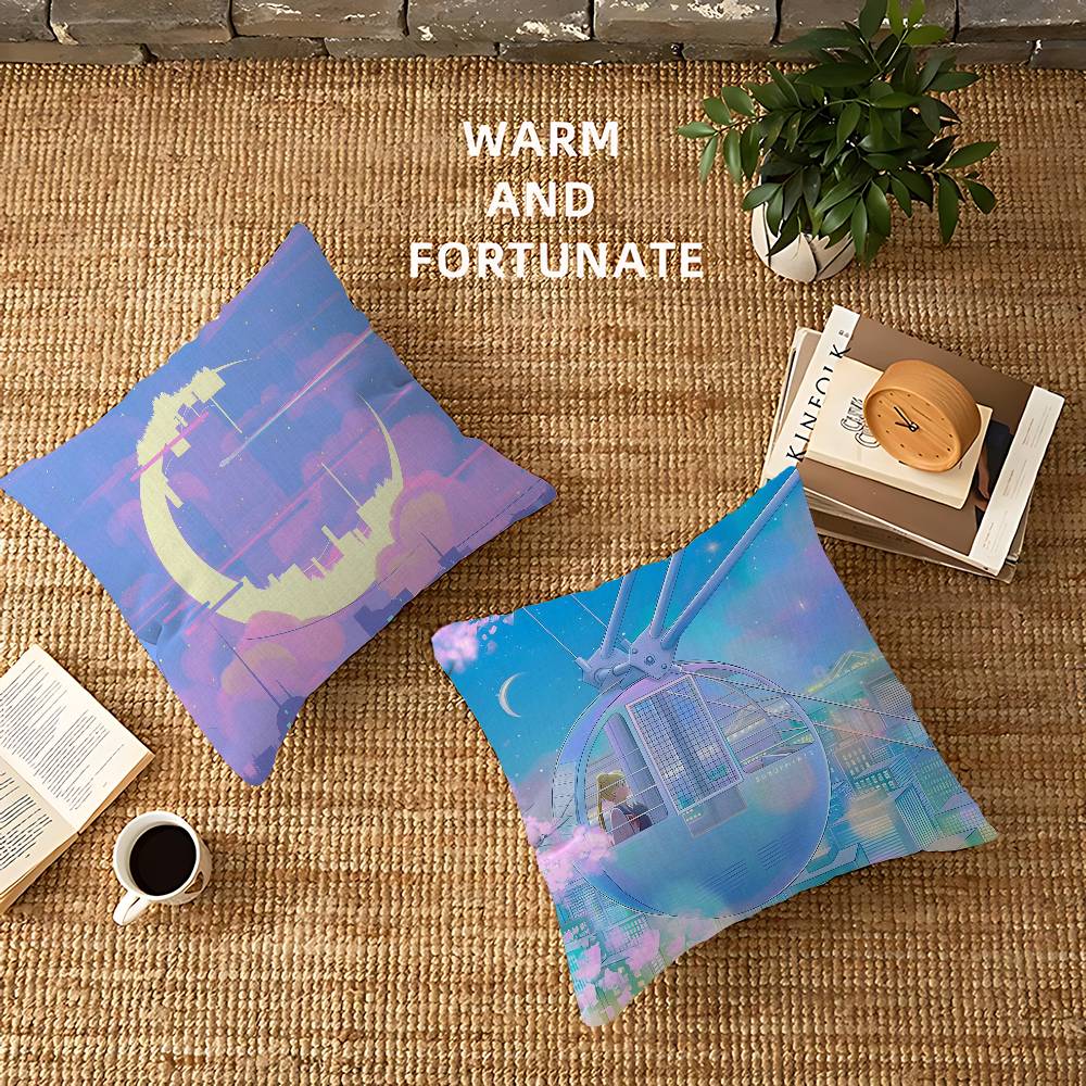 Pink Pastel Anime Moon Office Cushion Pillowcase Car Cushion Cover45X45CM Lumbar Pillowcase Sofa Pillowcover