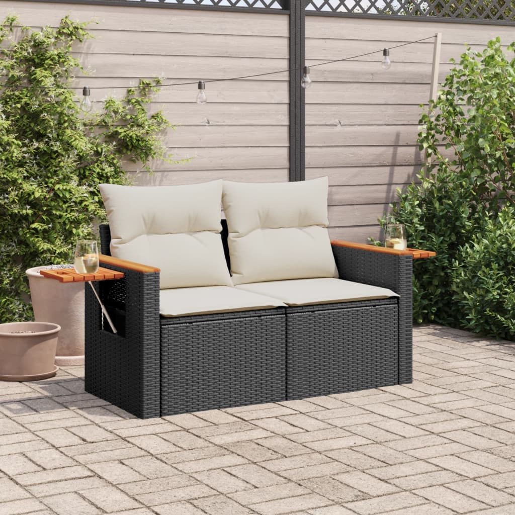Garden Sofa with Cushions 2 Seater Black Poly Rattan
