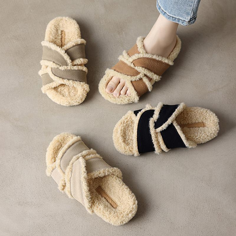 Fashion Women's Luxury Designer Flat Plush Slippers 2024 Autumn and Winter Hot Sale Casual Flocked Lamb Hair Open Toe Slippers Pantufla