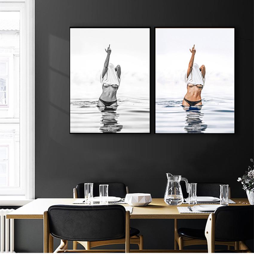 

Настенные художественные женские фотографии, декор для гостиной, модный черно-белый постер, сексуальный феминистский средний палец, холст, живопись