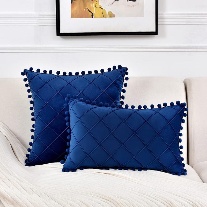 Yiran Bag Unisex Blue 30X50cm 45X45cm Pompoms Velvet Throw Pillow Cases For Farmhouse Home Decor Cozy Soft Cushion Covers Couch Pillowcase