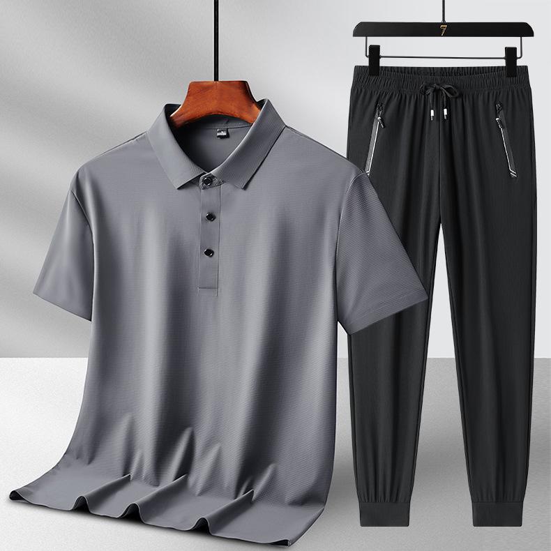 Men's Summer Ice Silk Two-Piece Set: Short Sleeve Top & Long Pants - Casual Sportswear for Father's Day Gift