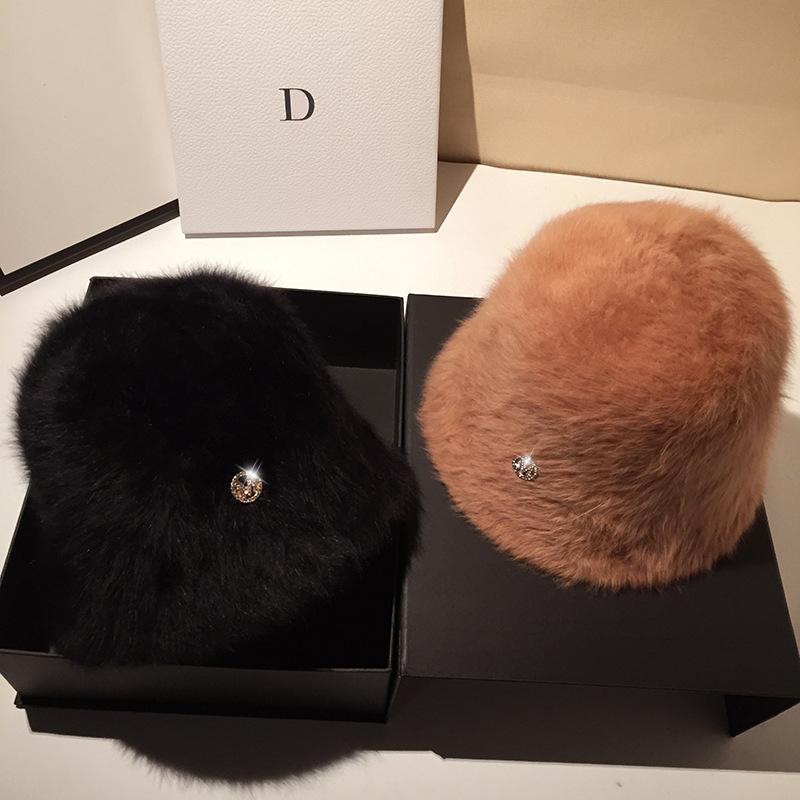 Fashion Designer Letter M Rabbit Fur Bucket Hat Women's Winter Korean Casual Versatile Fluffy Bucket Hat White Warm Basin Hat