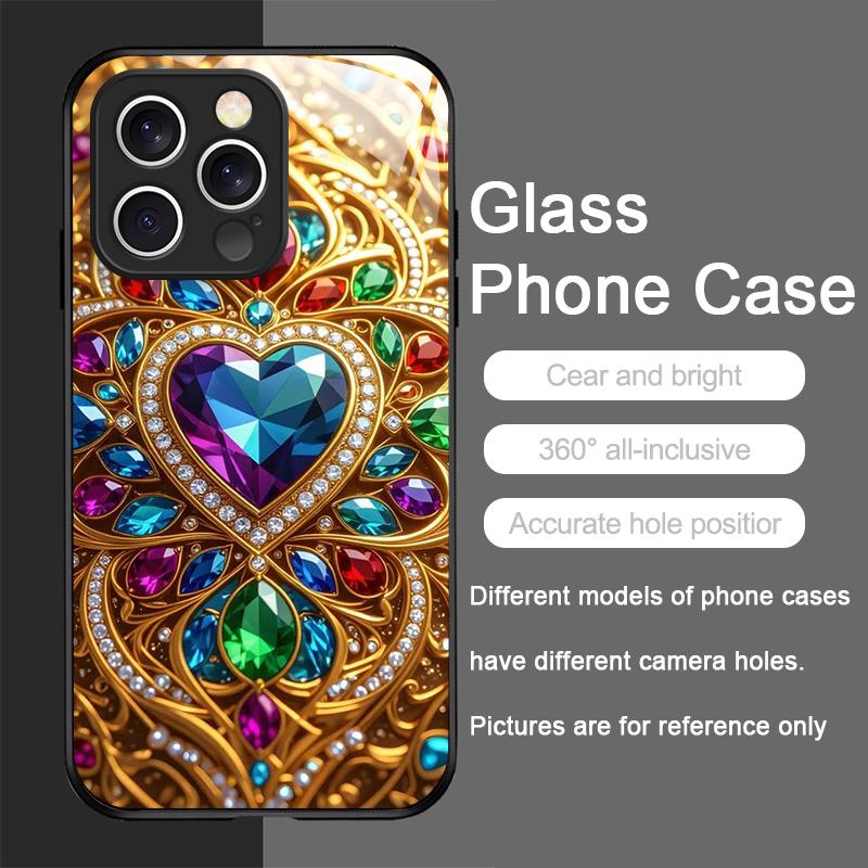 Elegante Custodia in Vetro Temperato con Motivo a Cuore di Pietre Preziose per iPhone 17 16 Pro Max 15 14 13 12 Mini 11 X XS 7 8 Plus Cover