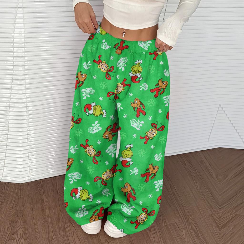 Women's Casual Christmas Print Elastic Waist Loose Fit With Plush Wide Leg Pants