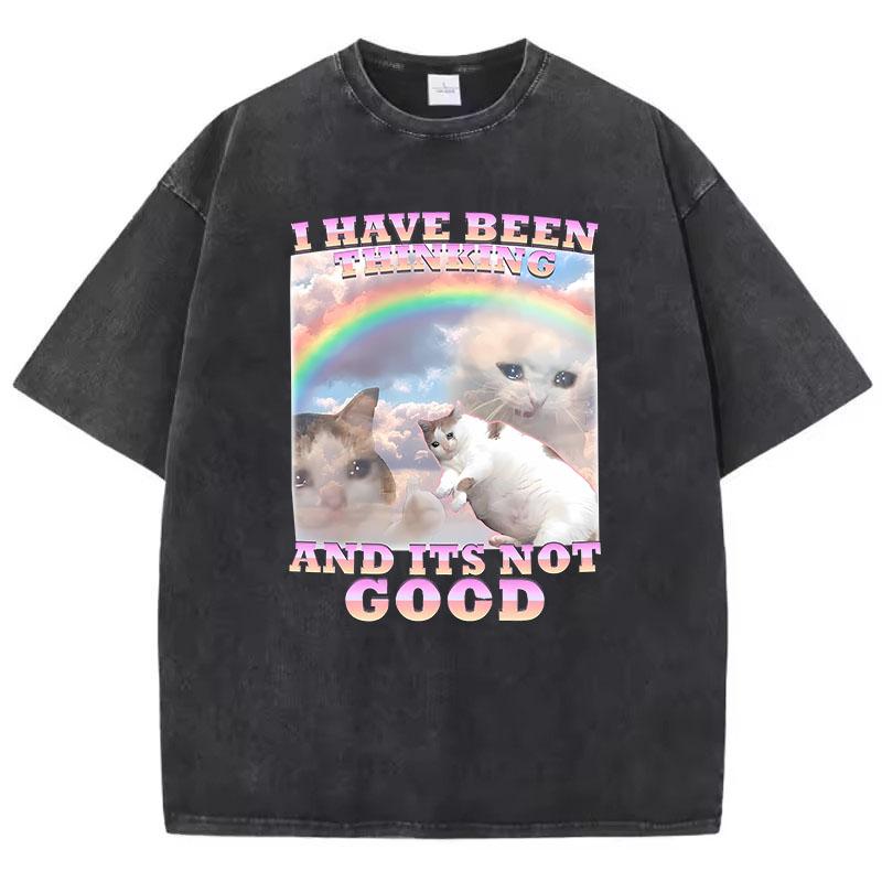 

Funny Rainbow Cat Retro T Shirt Vintage Washed Cotton T-Shirt Graphic Tee Casual Streetwear Spring Summer S