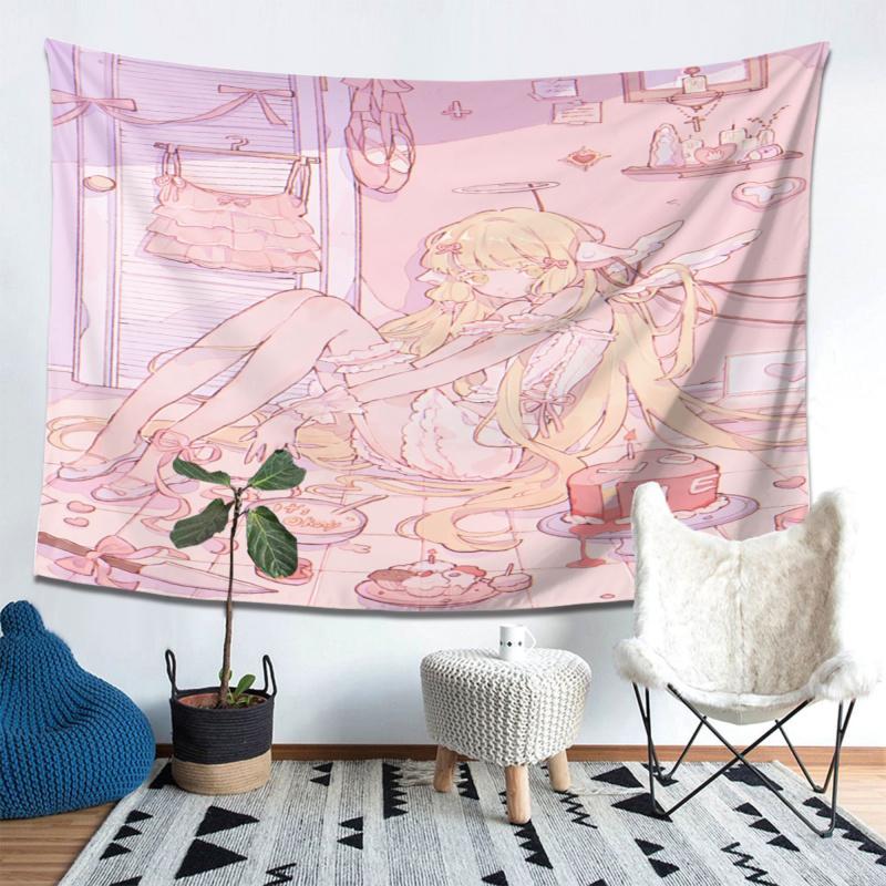 VIKAMA Pink Lazy Girl Tapestry Japanese Atmosphere Ins Style Dormitory Decoration Wallpaper Room Decoration Home Decoration