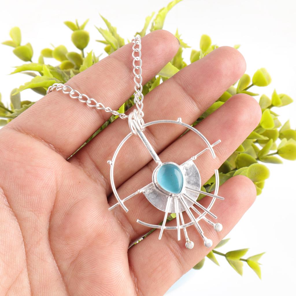 Blue Cat's Eye 925 Solid Sterling Silver Pendant, Handmade Gemstone Pendant Jewelry, Gifts For Wife Brand New Pendant