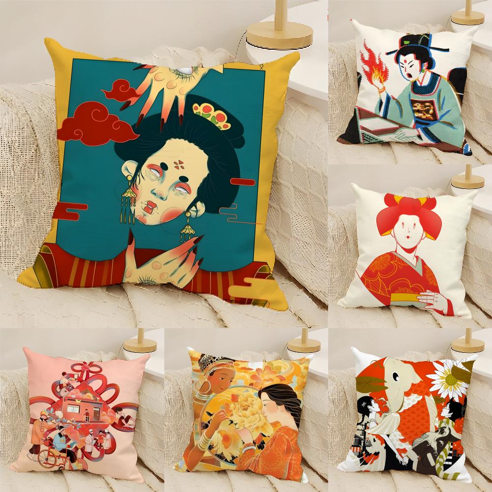 3 Retro Japanese Style Prints Pillow Case Home Living Room Decoration Linen Pillowcover Pillow Cases Cushion Cover