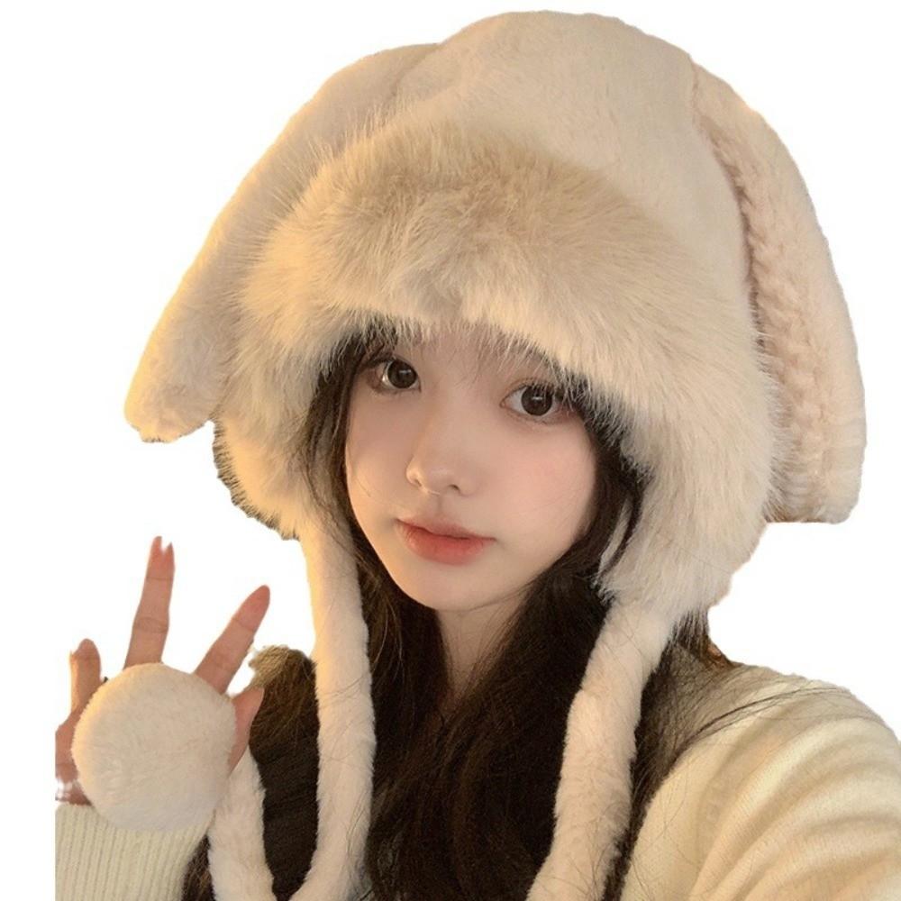 New Warm Winter Hat Lacing Ear Protection Bear Ears Hat Velvet Rabbit Ear Woolen Bucket Hat Women