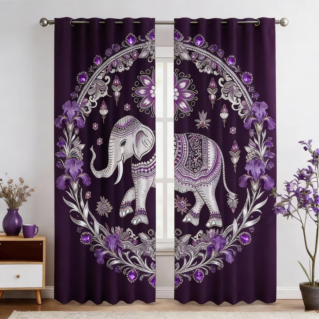 2 stuks Thaise Olifant Print Gordijnen - Levendig Bloemen- en Geometrisch Ontwerp, Verduisterend Stof, Stangzak Ophanging, Machinewasbaar