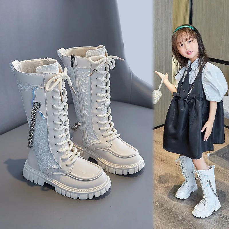 Kinder Ritterstiefel 2024 Neue Frühjahr & Herbst Lange Stiefel Atmungsaktive Kleine Taschen mit Kette Mädchen Laufsteg Mode Kinderstiefel