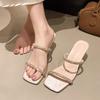 Fashion Summer New Rhinestone Cat Heel Sandals Square Toe Open Toe Crystal Slip-on Anti-Slip Wear-Resistant High Heel Slippers