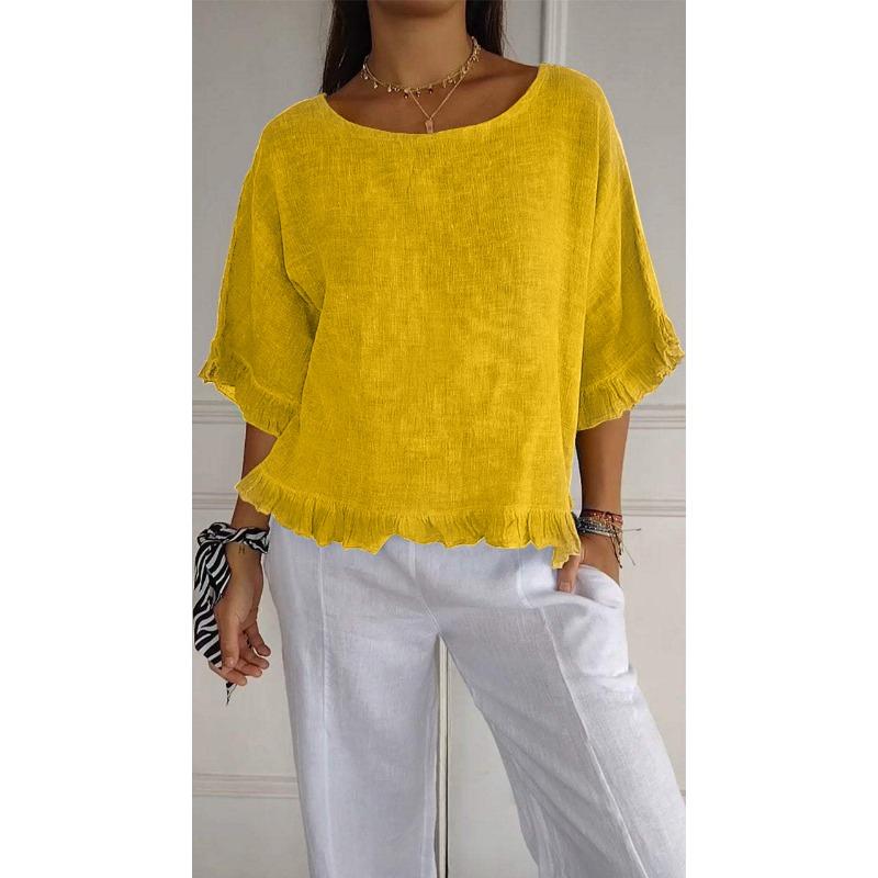 Women's Casual Loose Fit Cotton Linen T-Shirt with Frayed Hem