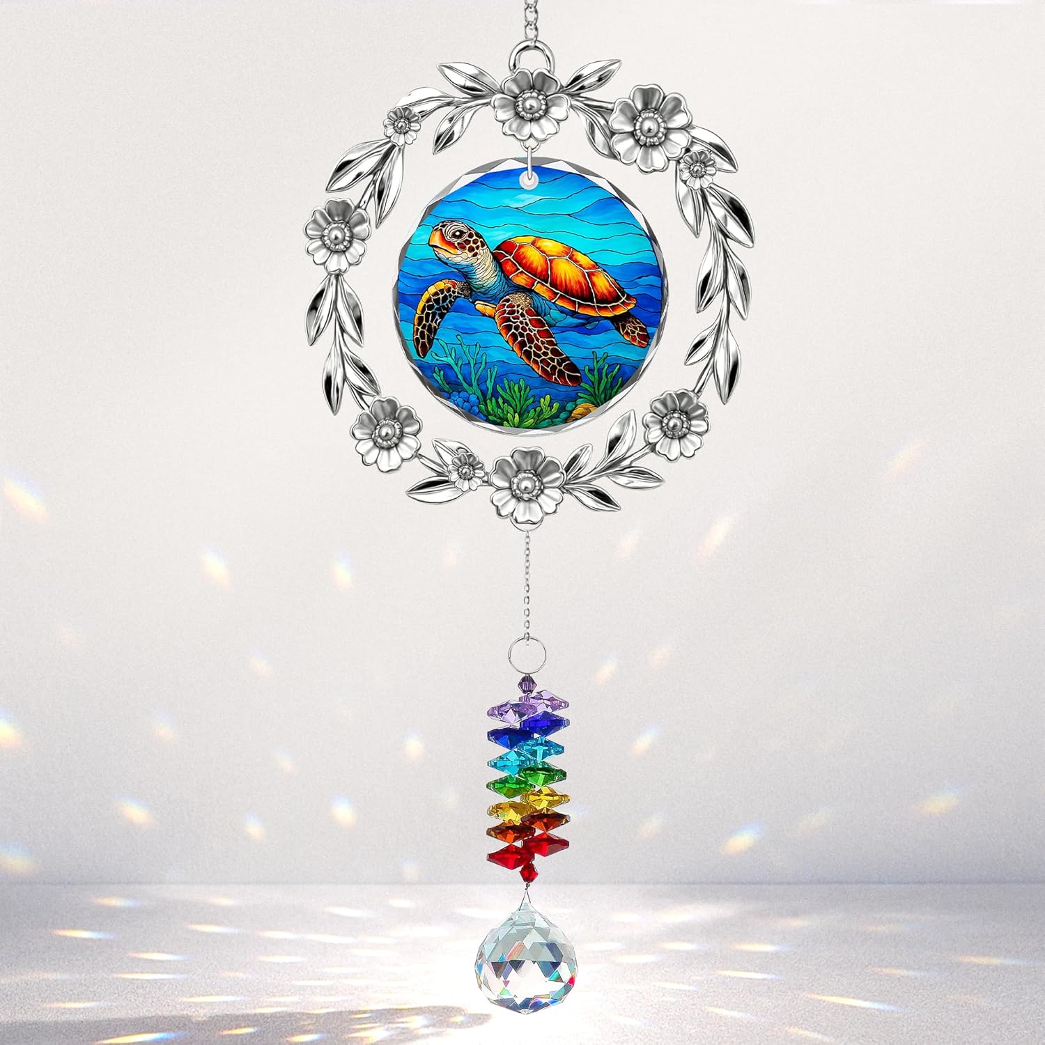 Sea Turtle Suncatcher Ornament – Stained Glass Ocean Design with Rainbow Crystal Prism – Coastal Window Hanging Decor, Beach Lover Gift, Sea Life
